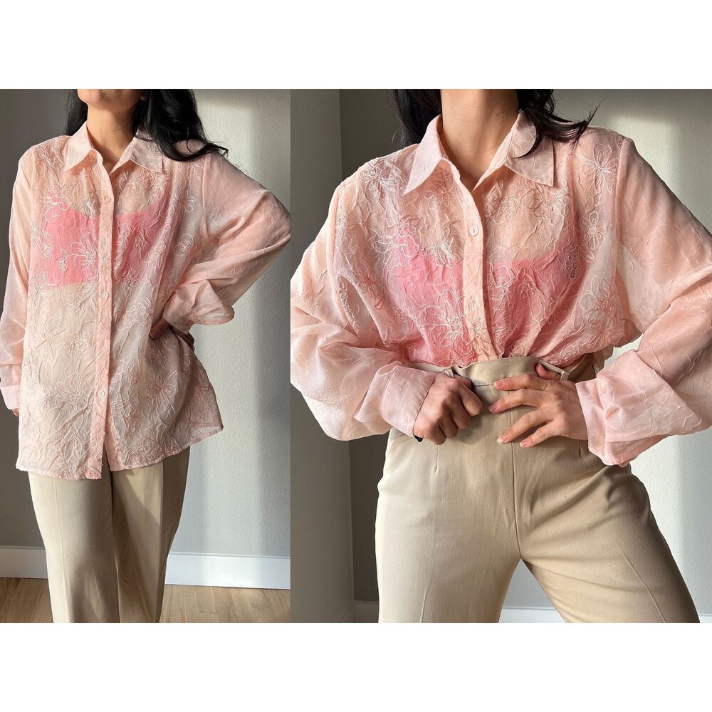 vtg 90s Alfred Dunner‎ Sheer Blouse Womens Size 12W floral peach shirt USA Made - Picture 3 of 9